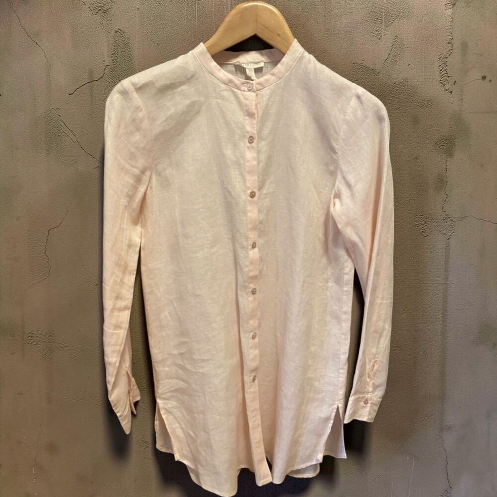 Eileen Fisher Organic Linen Mandarin Collar Tunic Shirt Blush Pink XXS EUC